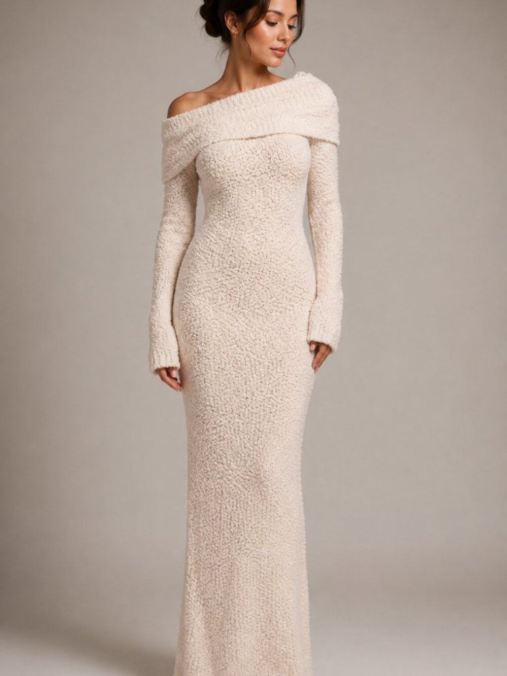 JLUXLABEL Olivea Bouclé Off Shoulder Maxi Sweater Dress Cream S